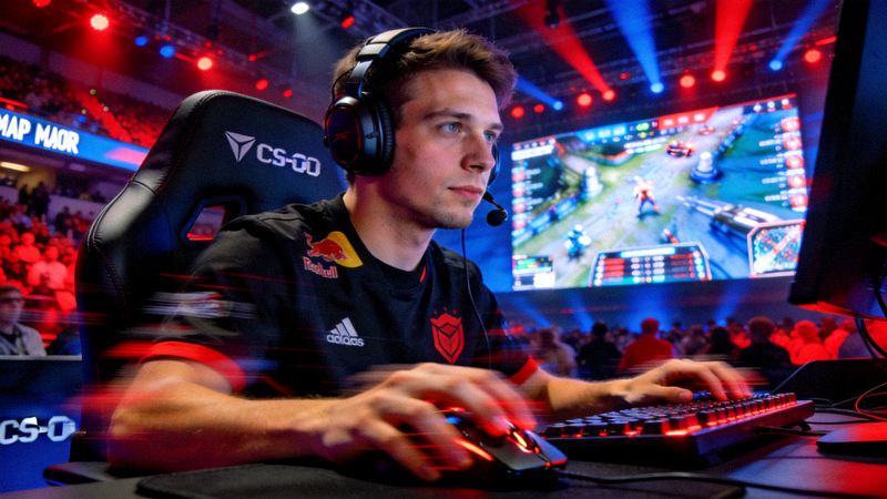 CS:GO Major锦标赛现场，选手戴着耳机激烈对战