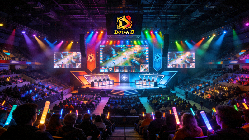 DOTA2国际邀请赛主舞台，观众座无虚席，灯光璀璨